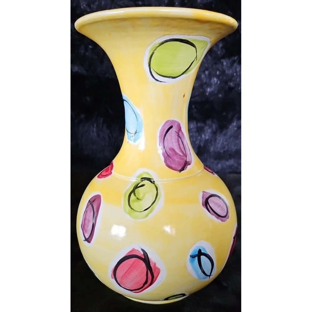 Yellow Vase with lots of color, Black/white inside Signed Thompson